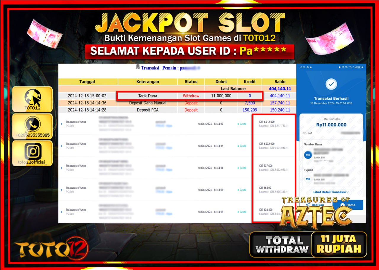 HANYA DI TOTO12 JP PASTI DI BAYAR LUNAS DAN CEPAT!!!!!! JACKPOT SLOT GAME (TREANSURES OF AZTEC) Rp.11.000.000 !!!!