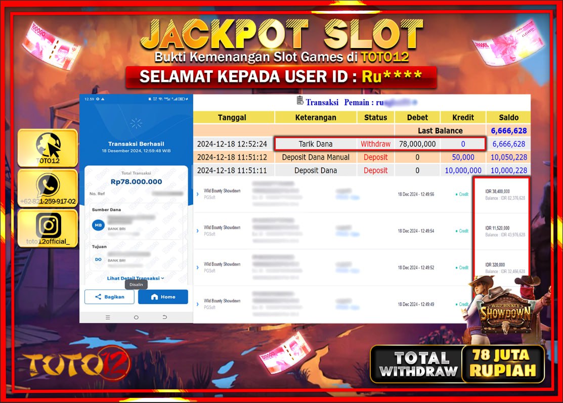 HANYA DI TOTO12 JP PASTI DI BAYAR LUNAS DAN CEPAT!!!!!! JACKPOT SLOT GAME (WILD BOUNTY SHOWDOWN) Rp.78.000.000 !!!!