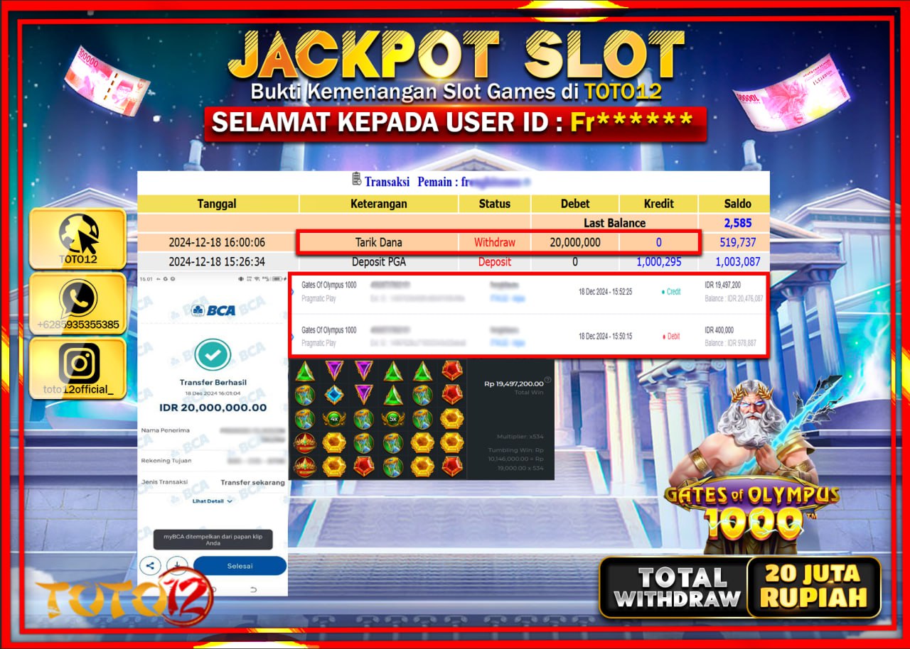 HANYA DI TOTO12 JP PASTI DI BAYAR LUNAS DAN CEPAT!!!!!! JACKPOT SLOT GAME (GATES OF OLYMPUS 1000) Rp.20.000.000 !!!!
