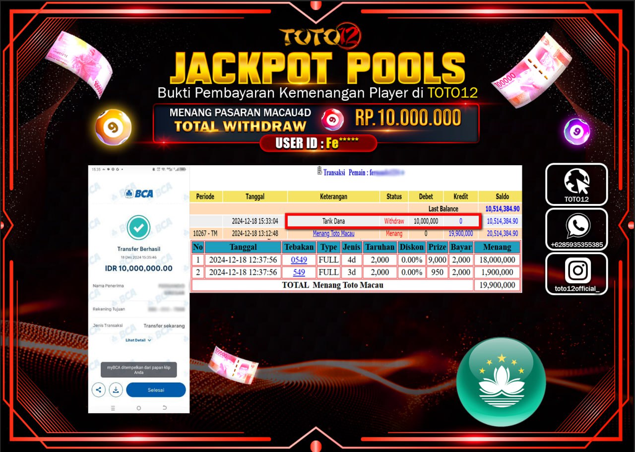 HANYA DI TOTO12 JP PASTI DI BAYAR LUNAS DAN CEPAT!!!!!! JACKPOT POOLS PASARAN (TOTO MACAU) Rp.10.000.000 !!!!