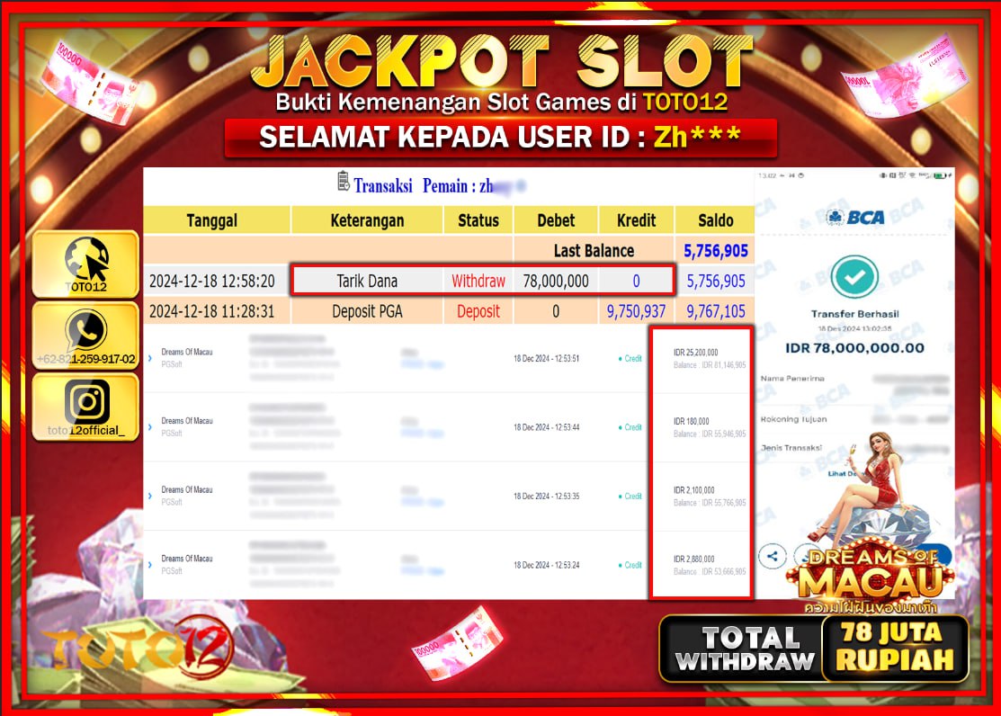 HANYA DI TOTO12 JP PASTI DI BAYAR LUNAS DAN CEPAT!!!!!! JACKPOT SLOT GAME (DREAMS OF MACAU) Rp.78.000.000 !!!!
