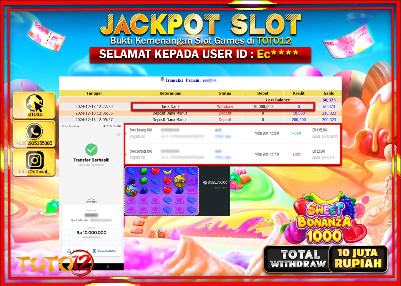 HANYA DI TOTO12 JP PASTI DI BAYAR LUNAS DAN CEPAT!!!!!! JACKPOT SLOT GAME (SWEET BONANZA 1000) Rp.10.000.000 !!!!
