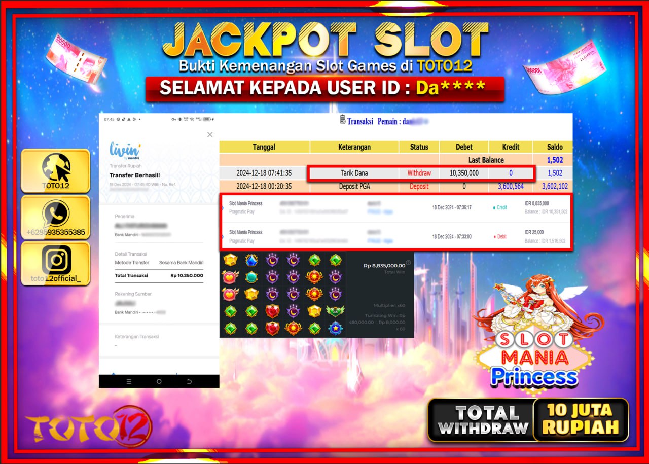 HANYA DI TOTO12 JP PASTI DI BAYAR LUNAS DAN CEPAT!!!!!! JACKPOT SLOT GAME (SLOT MANIA PRINCESS) Rp.10.000.000 !!!!