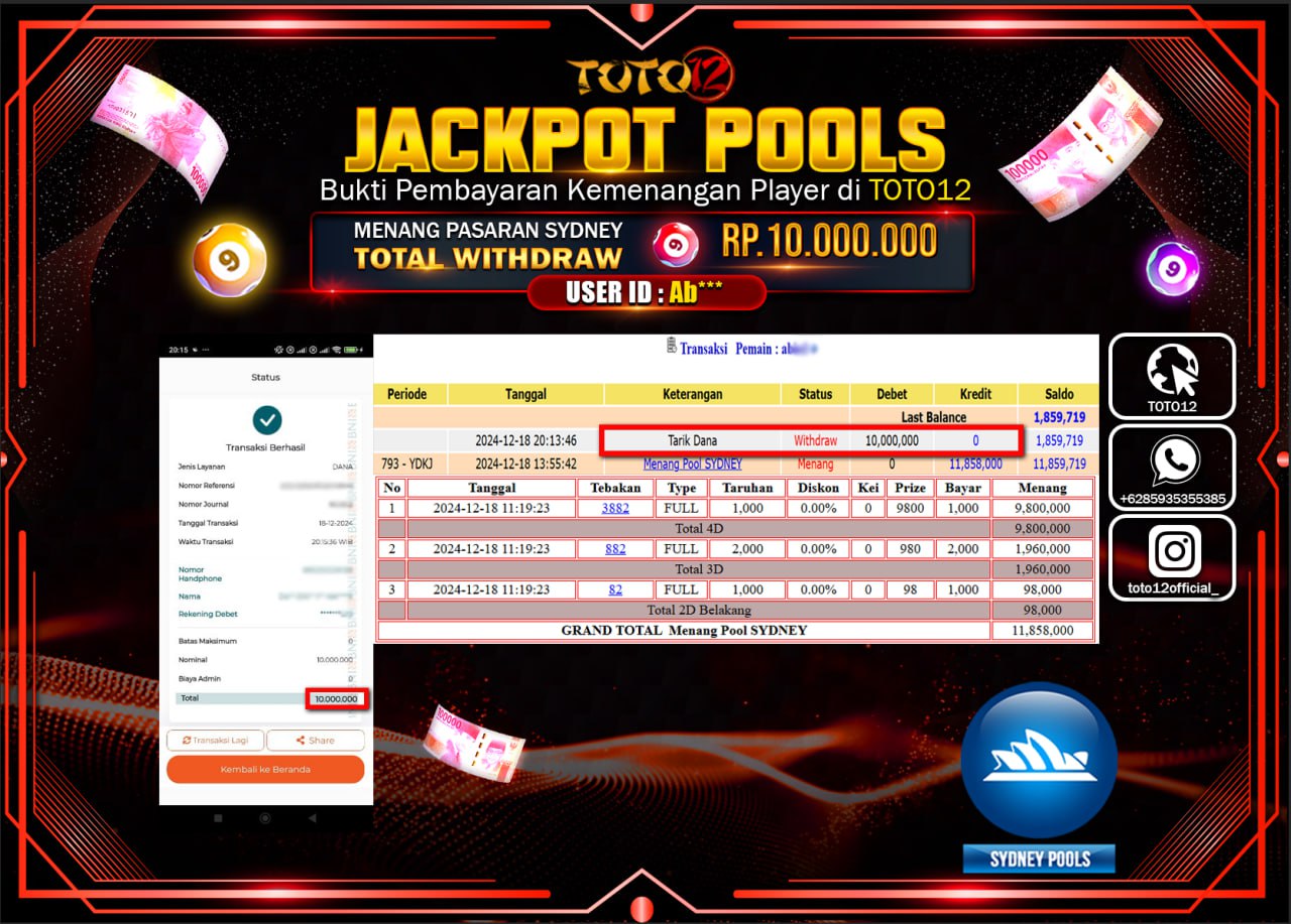 HANYA DI TOTO12 JP PASTI DI BAYAR LUNAS DAN CEPAT!!!!!! JACKPOT POOLS PASARAN (SYDNEY) Rp.10.000.000 !!!!