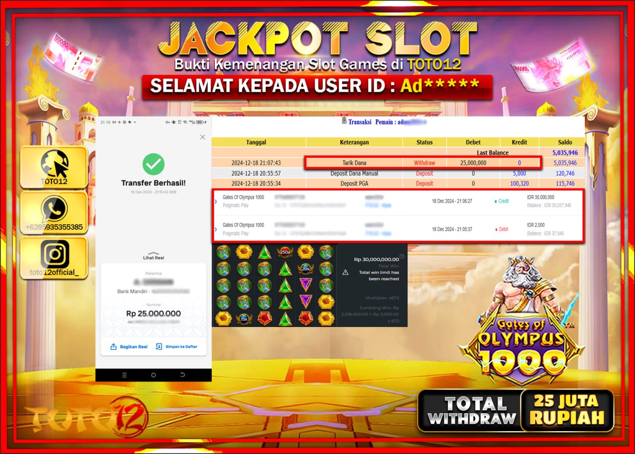 HANYA DI TOTO12 JP PASTI DI BAYAR LUNAS DAN CEPAT!!!!!! JACKPOT SLOT GAME (GATES OF OLYMPUS 1000) Rp.25.000.000 !!!!