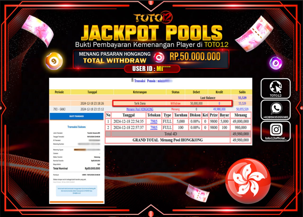 HANYA DI TOTO12 JP PASTI DI BAYAR LUNAS DAN CEPAT!!!!!! JACKPOT POOLS PASARAN (HONGKONG) Rp.50.000.000 !!!!