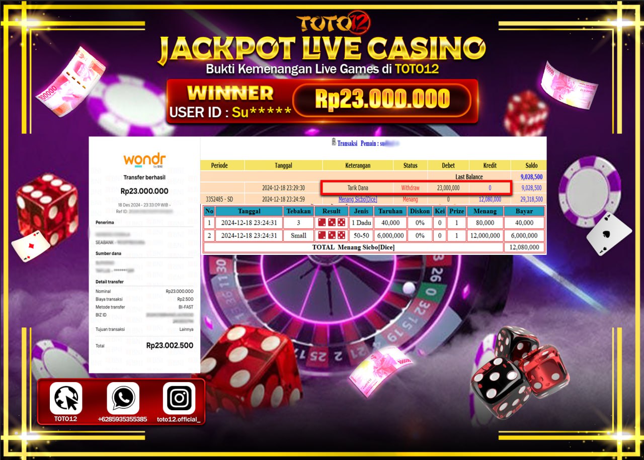 HANYA DI TOTO12 JP PASTI DI BAYAR LUNAS DAN CEPAT!!!!!! JACKPOT LIVE GAMES CASINO (SICBO DICE) Rp.23.000.000 !!!!