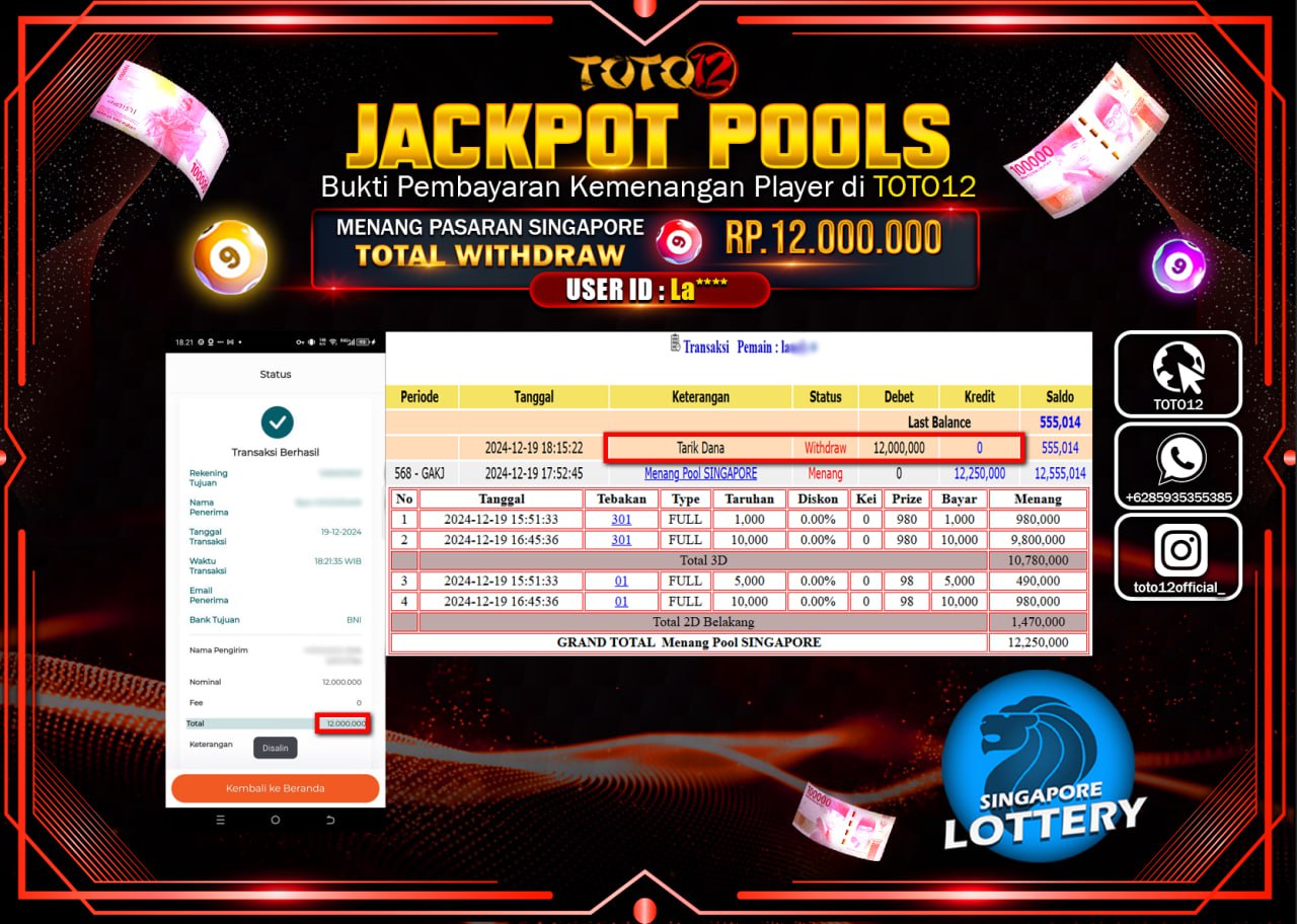 HANYA DI TOTO12 JP PASTI DI BAYAR LUNAS DAN CEPAT!!!!!! JACKPOT POOLS PASARAN (SINGAPORE) Rp.12.000.000 !!!!