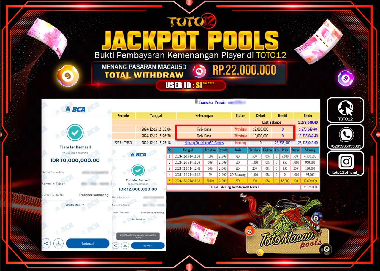 HANYA DI TOTO12 JP PASTI DI BAYAR LUNAS DAN CEPAT!!!!!! JACKPOT POOLS PASARAN (TOTO MACAU) Rp.22.000.000 !!!!