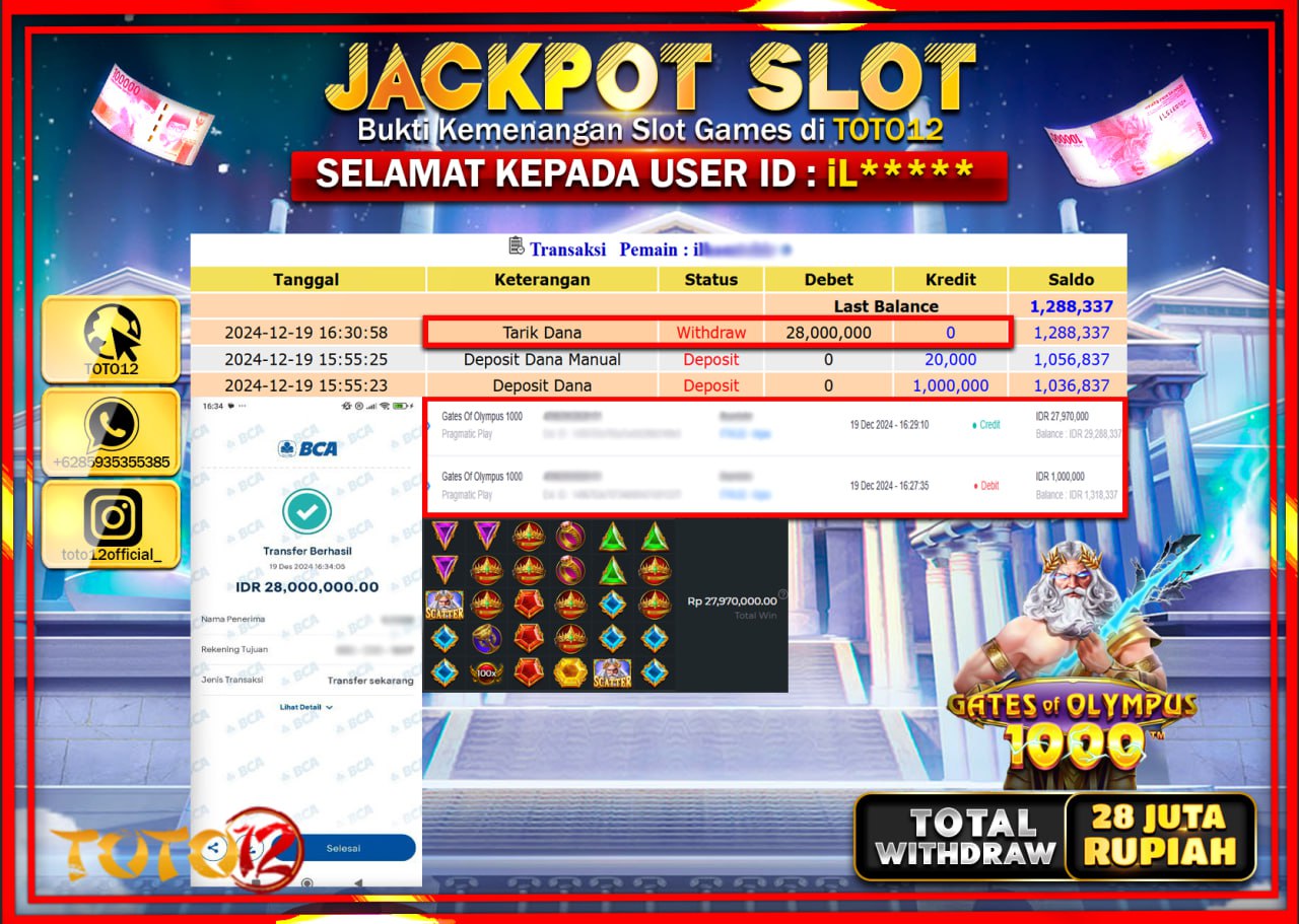 HANYA DI TOTO12 JP PASTI DI BAYAR LUNAS DAN CEPAT!!!!!! JACKPOT SLOT GAME (GATES OF OLYMPUS 1000) Rp.28.000.000 !!!!