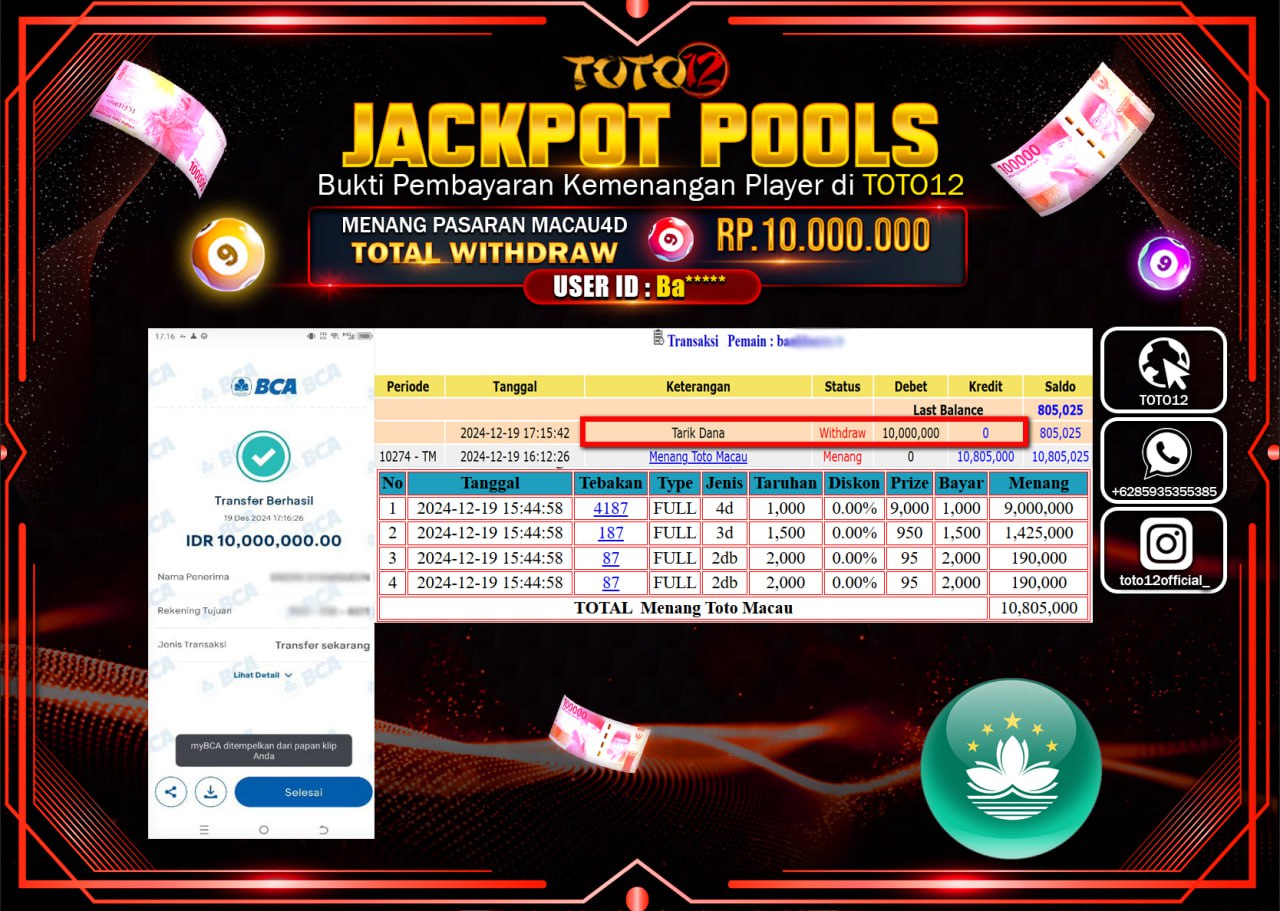 HANYA DI TOTO12 JP PASTI DI BAYAR LUNAS DAN CEPAT!!!!!! JACKPOT POOLS PASARAN (TOTO MACAU) Rp.10.000.000 !!!!