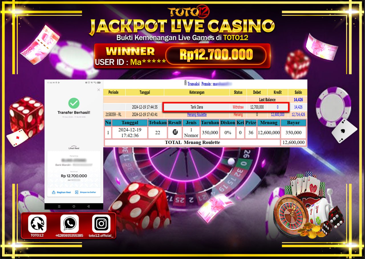 HANYA DI TOTO12 JP PASTI DI BAYAR LUNAS DAN CEPAT!!!!!! JACKPOT LIVE GAMES CASINO (ROULETTE) Rp.12.700.000 !!!!