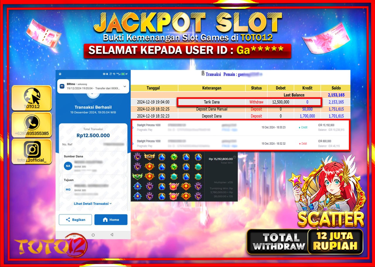 HANYA DI TOTO12 JP PASTI DI BAYAR LUNAS DAN CEPAT!!!!!! JACKPOT SLOT GAME (STARLIGHT PRINCESS 1000) Rp.12.000.000 !!!!