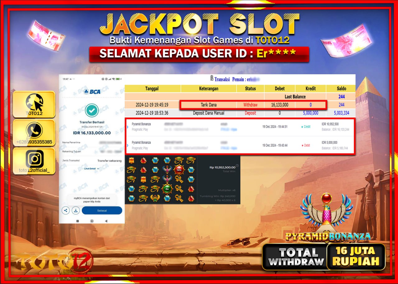 HANYA DI TOTO12 JP PASTI DI BAYAR LUNAS DAN CEPAT!!!!!! JACKPOT SLOT GAME (PYRAMID BONANZA) Rp.16.000.000 !!!!