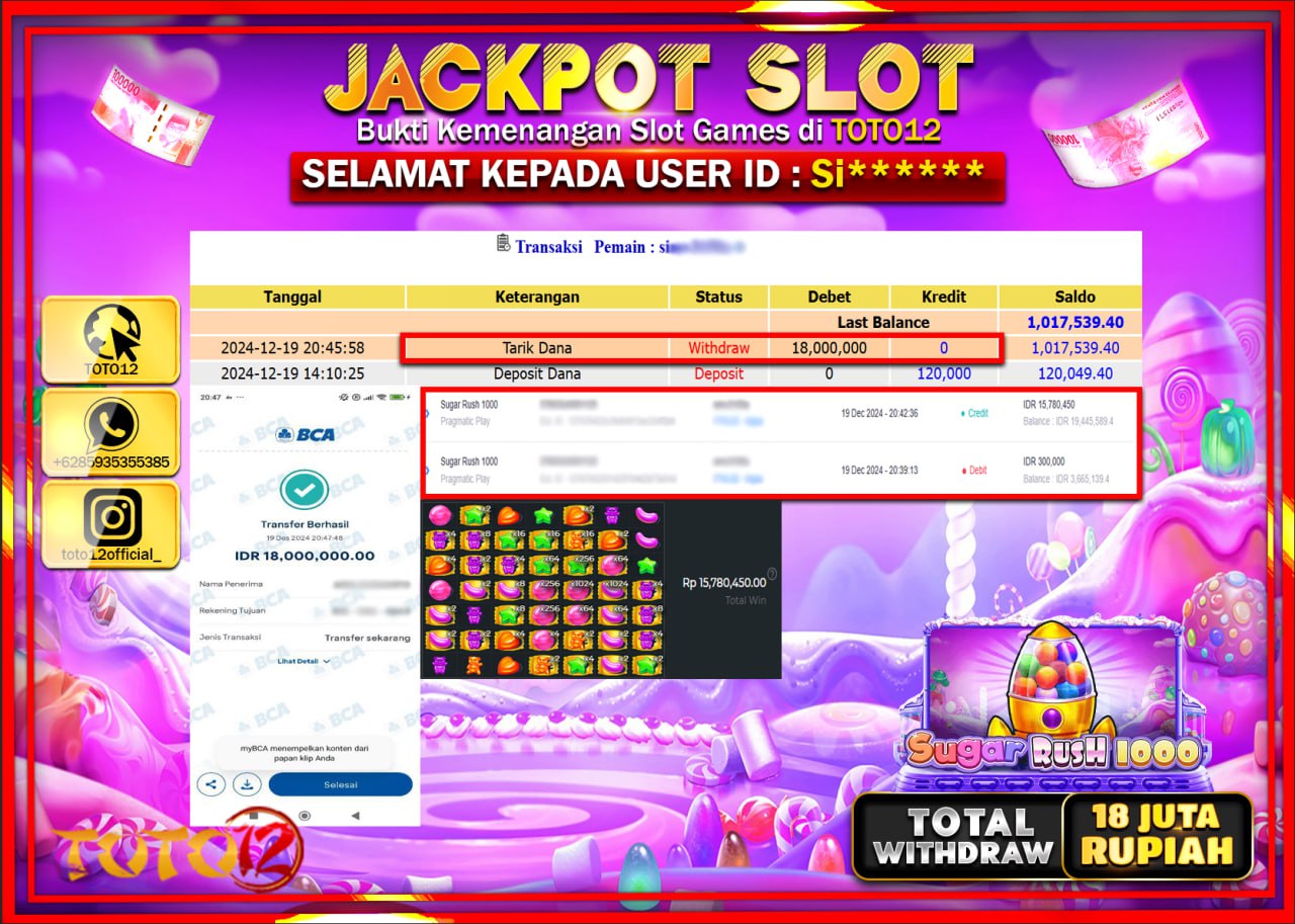 HANYA DI TOTO12 JP PASTI DI BAYAR LUNAS DAN CEPAT!!!!!! JACKPOT SLOT GAME (SUGAR RUSH 1000) Rp.18.000.000 !!!!