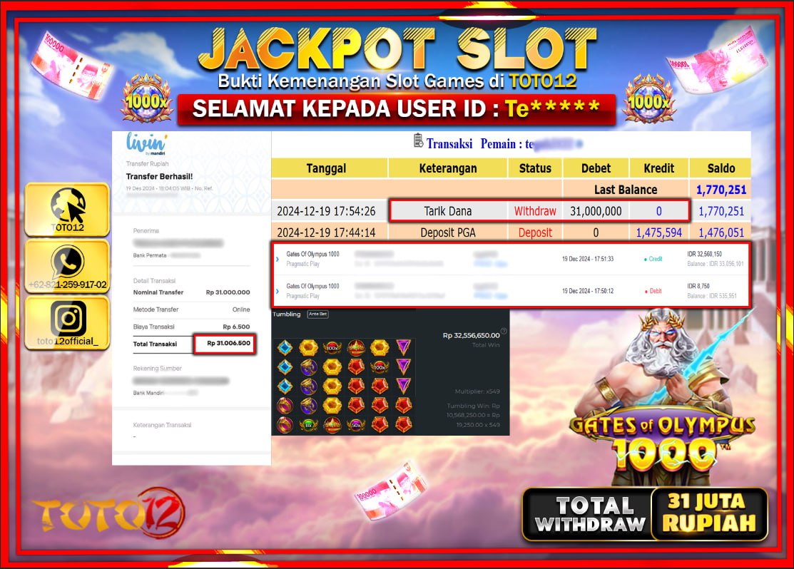 HANYA DI TOTO12 JP PASTI DI BAYAR LUNAS DAN CEPAT!!!!!! JACKPOT SLOT GAME (GATES OF OLYMPUS 1000) Rp.31.000.000 !!!!