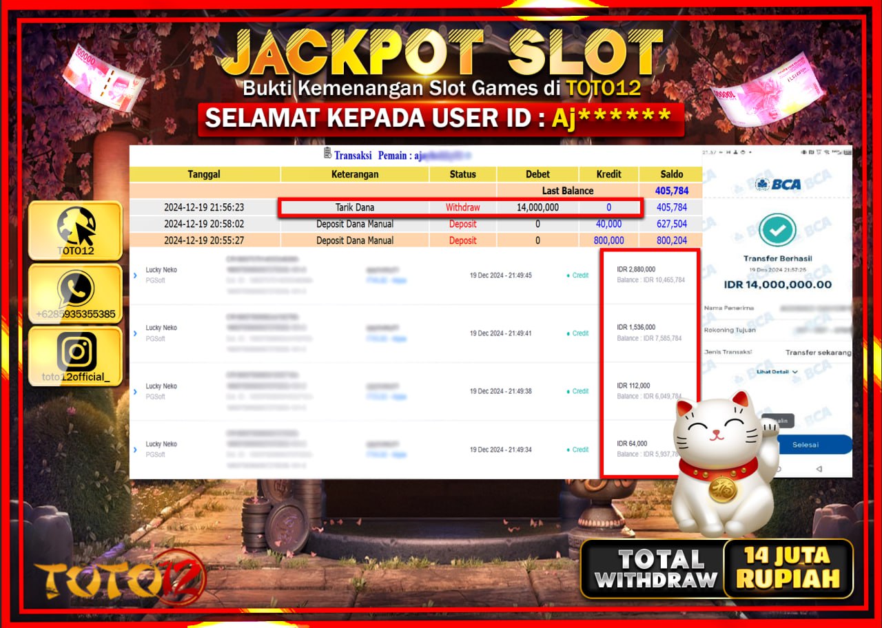 HANYA DI TOTO12 JP PASTI DI BAYAR LUNAS DAN CEPAT!!!!!! JACKPOT SLOT GAME (LUCKY NEKO) Rp.14.000.000 !!!!