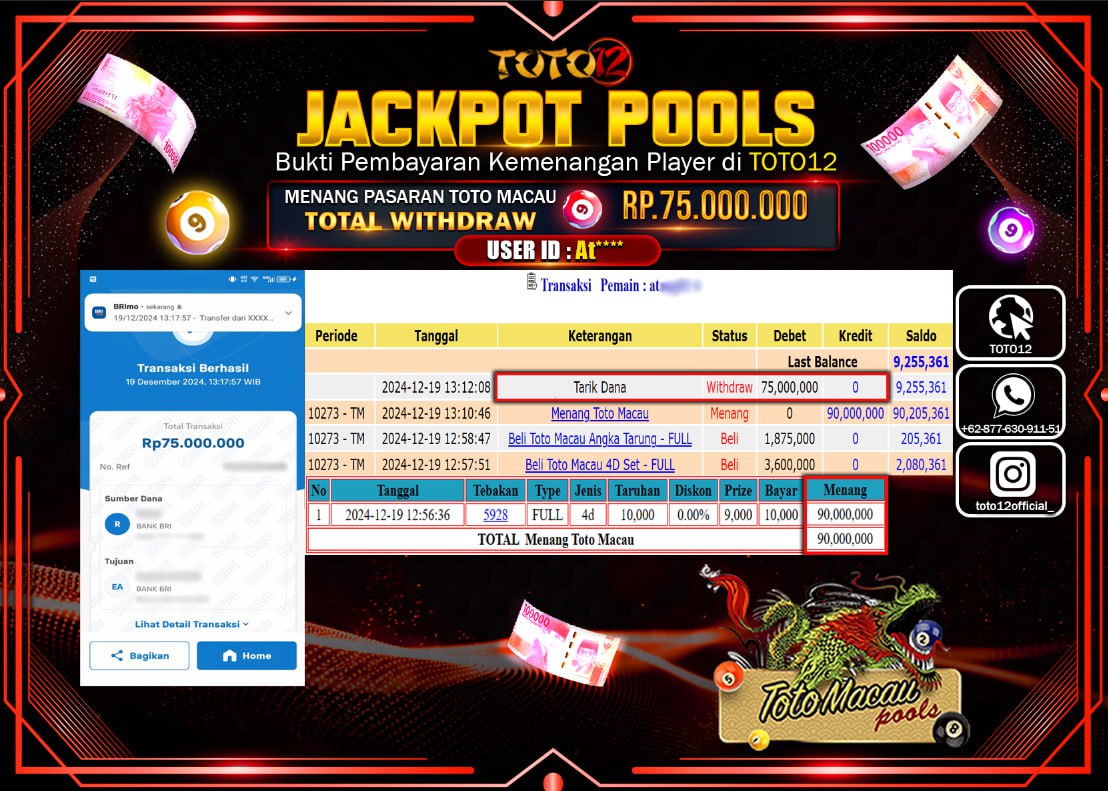 HANYA DI TOTO12 JP PASTI DI BAYAR LUNAS DAN CEPAT!!!!!! JACKPOT POOLS PASARAN (TOTO MACAU) Rp.75.000.000 !!!!