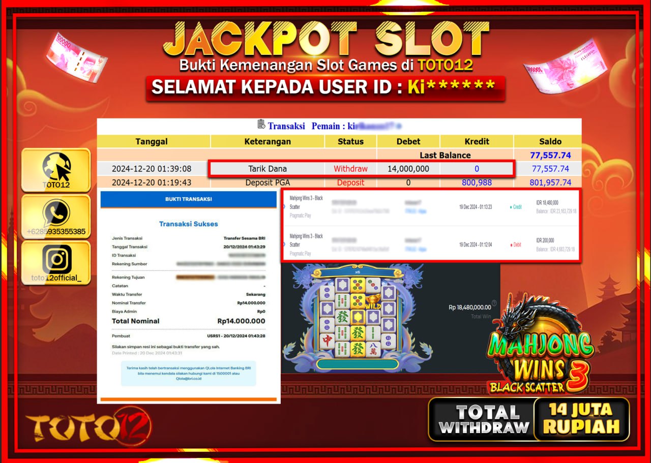 HANYA DI TOTO12 JP PASTI DI BAYAR LUNAS DAN CEPAT!!!!!! JACKPOT SLOT GAME (MAHJONG WINS 3 BLACK SCATTER) Rp.14.000.000 !!!!