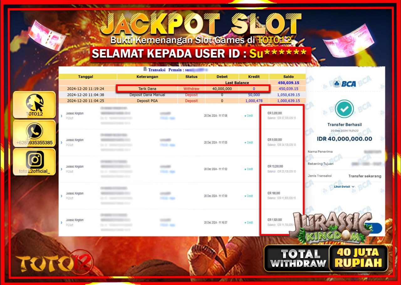 HANYA DI TOTO12 JP PASTI DI BAYAR LUNAS DAN CEPAT!!!!!! JACKPOT SLOT GAME (JURASSIC KINGDOM) Rp.40.000.000 !!!!