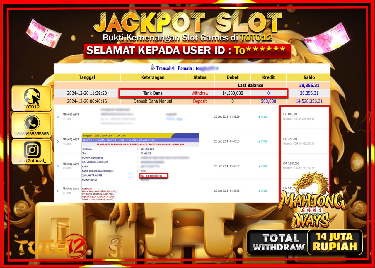 HANYA DI TOTO12 JP PASTI DI BAYAR LUNAS DAN CEPAT!!!!!! JACKPOT SLOT GAME (MAHJONG WAYS) Rp.14.000.000 !!!!