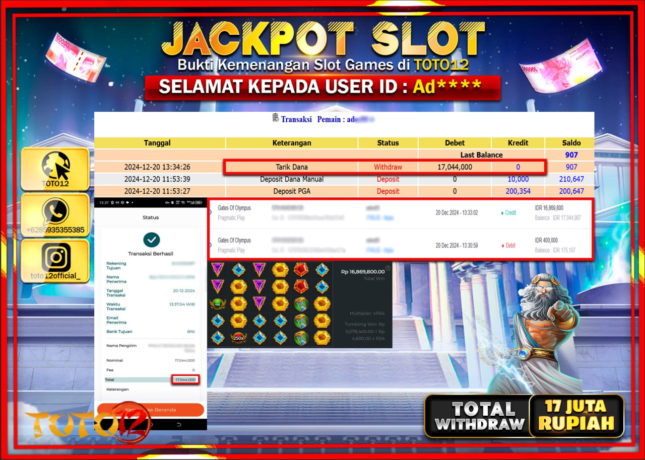 HANYA DI TOTO12 JP PASTI DI BAYAR LUNAS DAN CEPAT!!!!!! JACKPOT SLOT GAME (GATES OF OLYMPUS) Rp.17.000.000 !!!!