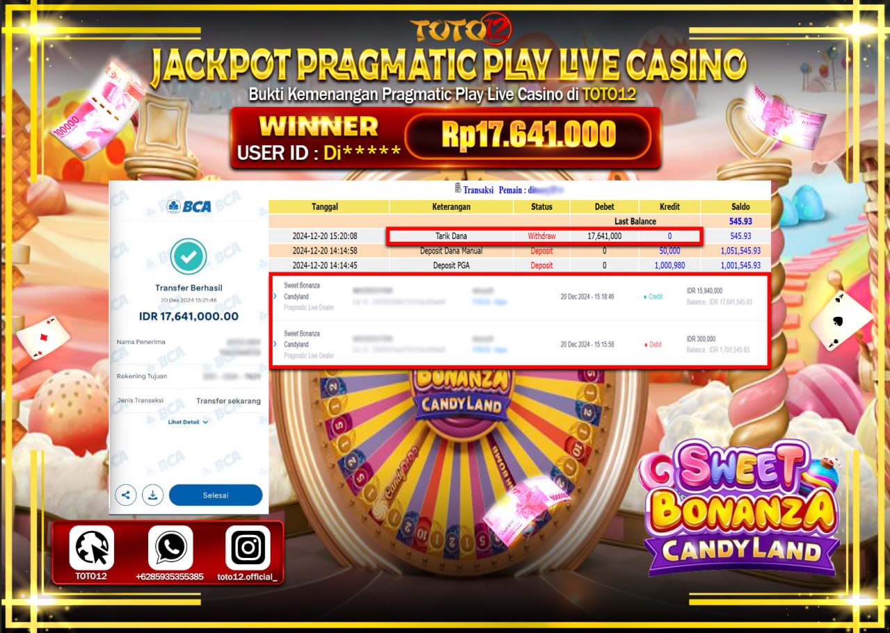 HANYA DI TOTO12 JP PASTI DI BAYAR LUNAS DAN CEPAT!!!!!! JACKPOT PRAGMATIC PLAY LIVE CASINO (SWEET BONANZA CANDY LAND) Rp.17.641.000 !!!!