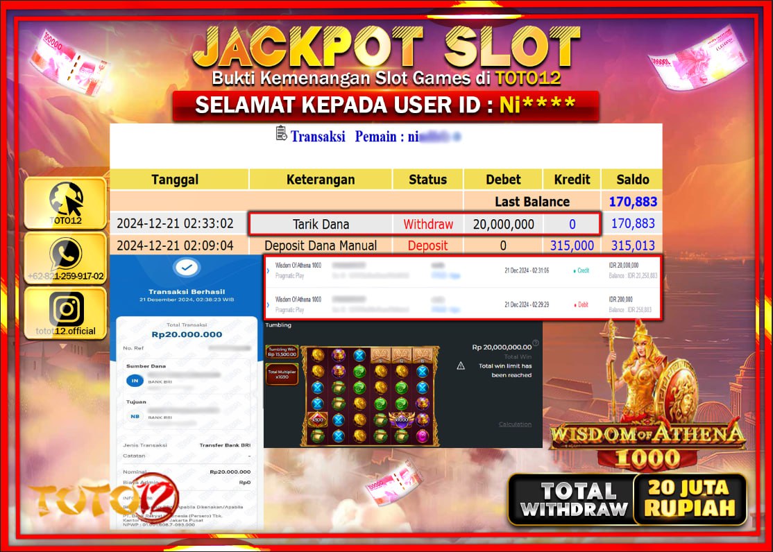 HANYA DI TOTO12 JP PASTI DI BAYAR LUNAS DAN CEPAT!!!!!! JACKPOT SLOT GAME (WISDOM OF ATHENA 1000) Rp.20.000.000 !!!!