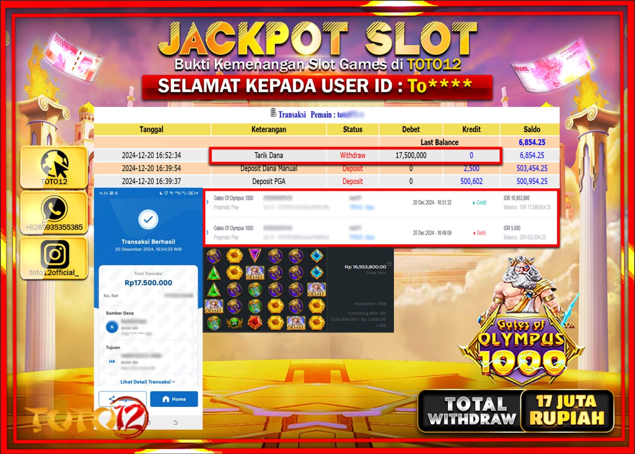 HANYA DI TOTO12 JP PASTI DI BAYAR LUNAS DAN CEPAT!!!!!! JACKPOT SLOT GAME (GATES OF OLYMPUS 1000) Rp.17.000.000 !!!!