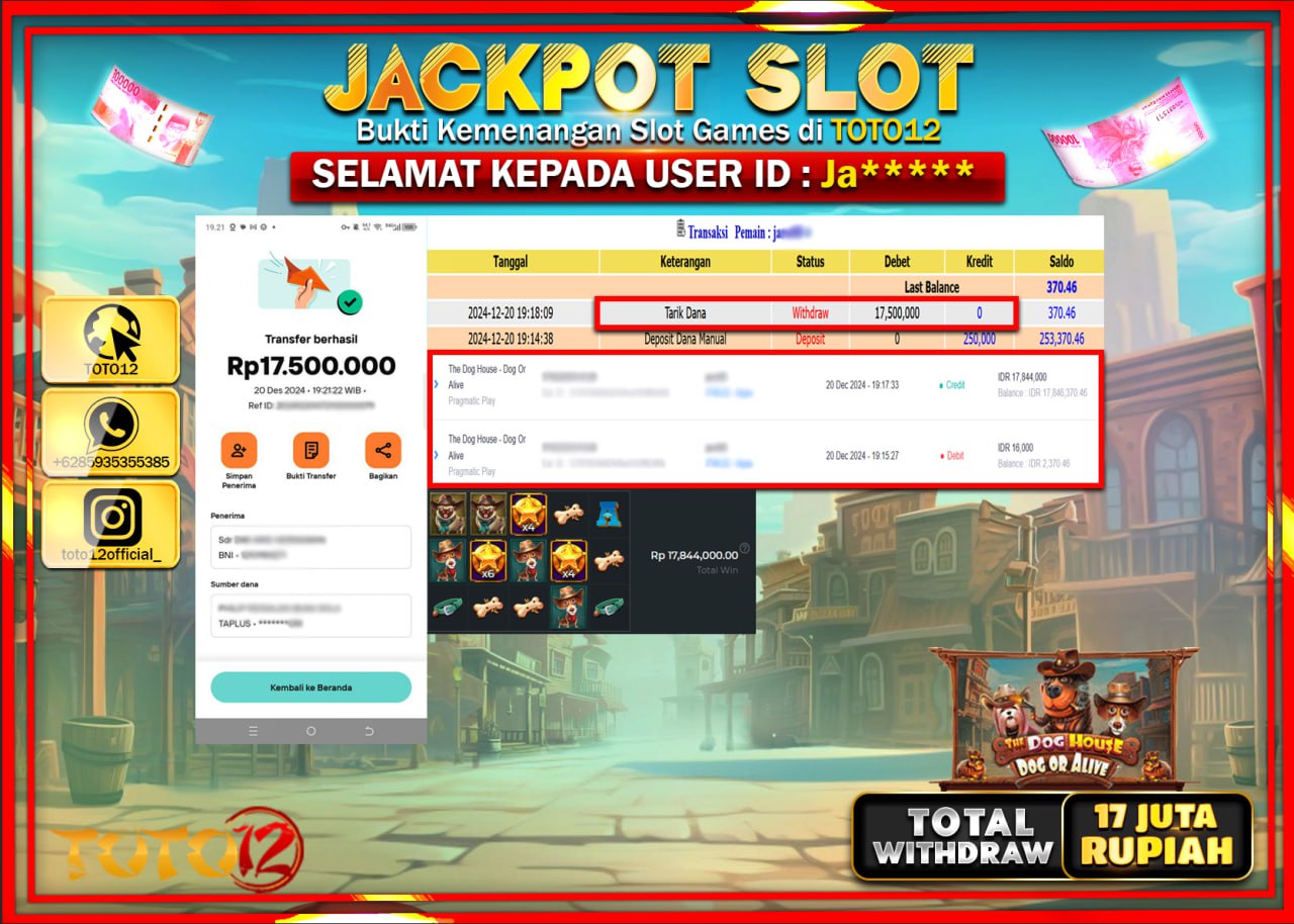 HANYA DI TOTO12 JP PASTI DI BAYAR LUNAS DAN CEPAT!!!!!! JACKPOT SLOT GAME (THE DOG HOUSE DOG OR ALIVE) Rp.17.000.000 !!!!