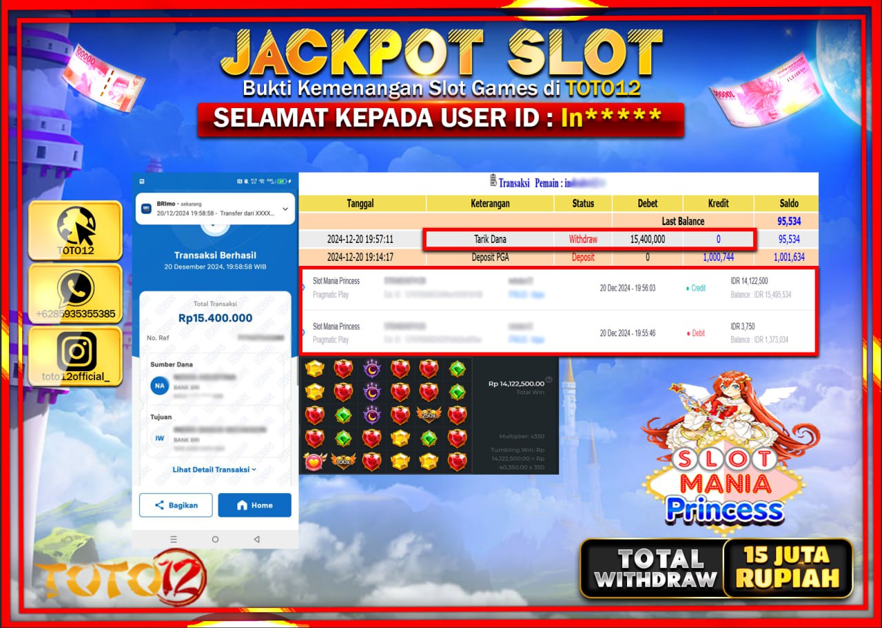 HANYA DI TOTO12 JP PASTI DI BAYAR LUNAS DAN CEPAT!!!!!! JACKPOT SLOT GAME (SLOT MANIA PRINCESS) Rp.15.000.000 !!!!