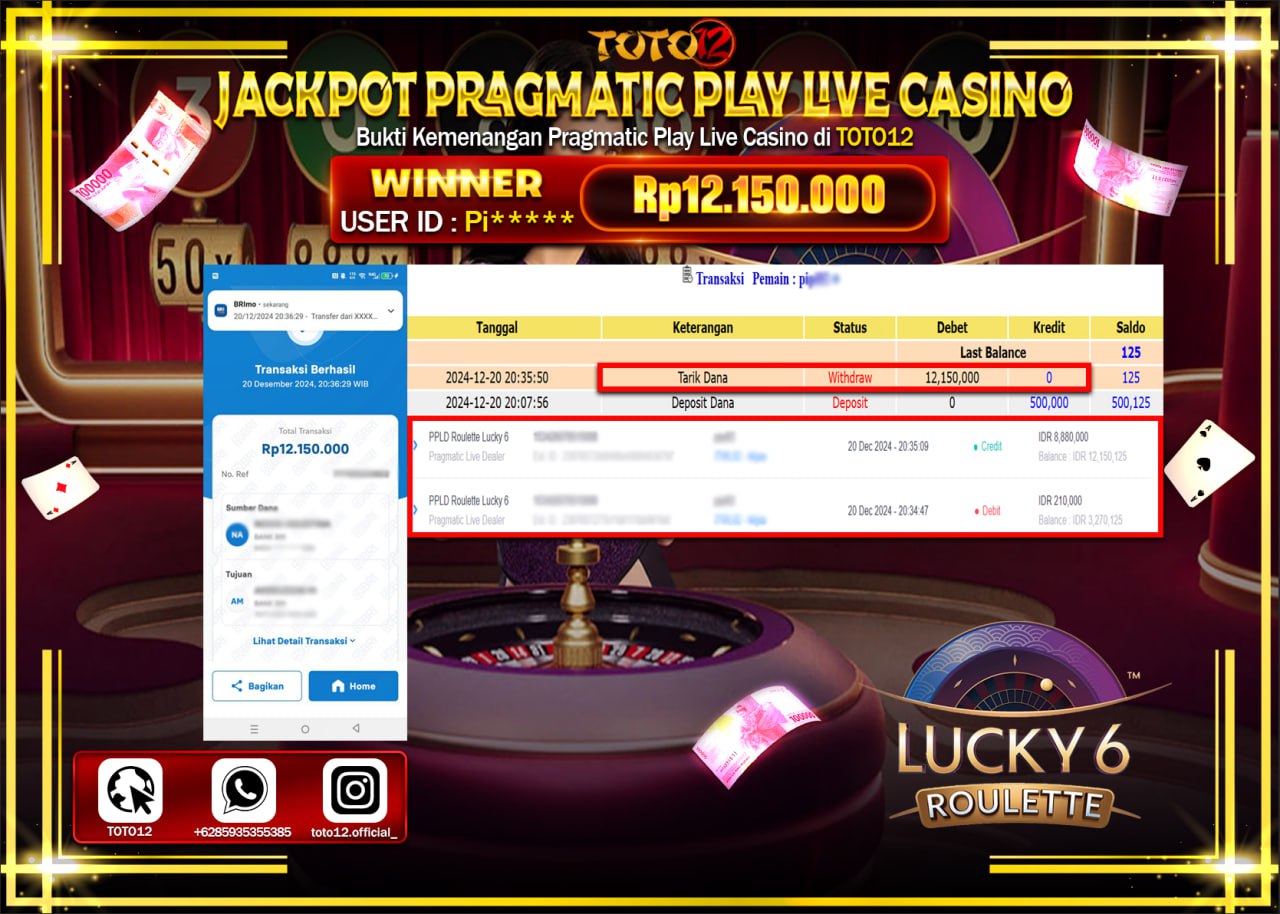 HANYA DI TOTO12 JP PASTI DI BAYAR LUNAS DAN CEPAT!!!!!! JACKPOT PRAGMATIC PLAY LIVE CASINO (LUCKY 6 ROULETTE) Rp.12.150.000 !!!!