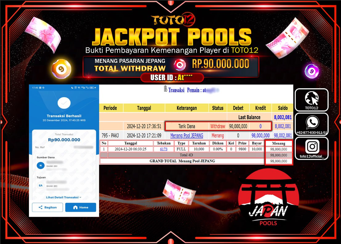 HANYA DI TOTO12 JP PASTI DI BAYAR LUNAS DAN CEPAT!!!!!! JACKPOT POOLS PASARAN (JEPANG) Rp.90.000.000 !!!!