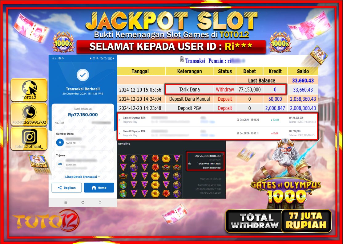 HANYA DI TOTO12 JP PASTI DI BAYAR LUNAS DAN CEPAT!!!!!! JACKPOT SLOT GAME (GATES OF OLYMPUS 1000) Rp.77.000.000 !!!!