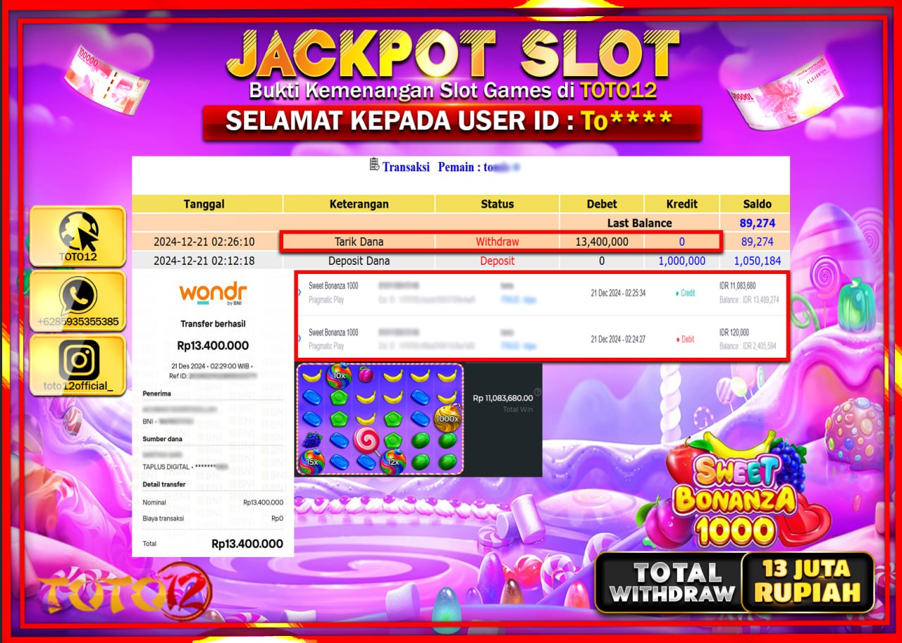 HANYA DI TOTO12 JP PASTI DI BAYAR LUNAS DAN CEPAT!!!!!! JACKPOT SLOT GAME (SWEET BONANZA 1000) Rp.13.000.000 !!!!