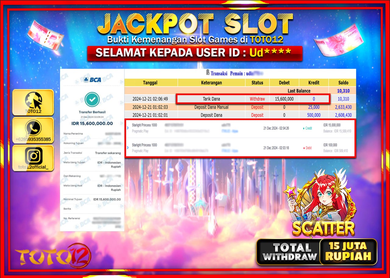 HANYA DI TOTO12 JP PASTI DI BAYAR LUNAS DAN CEPAT!!!!!! JACKPOT SLOT GAME (STARLIGHT PRINCESS 1000) Rp.15.000.000 !!!!