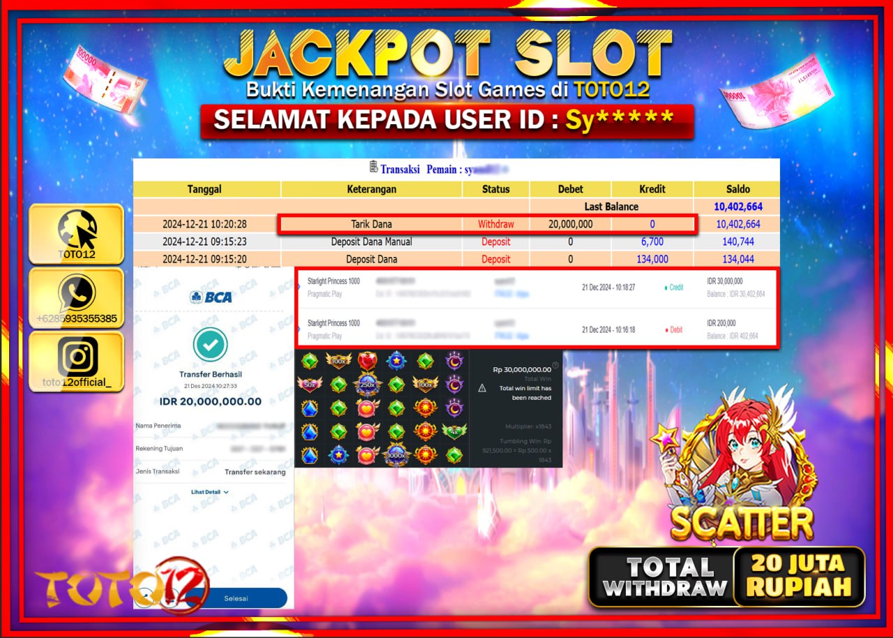 HANYA DI TOTO12 JP PASTI DI BAYAR LUNAS DAN CEPAT!!!!!! JACKPOT SLOT GAME (STARLIGHT PRINCESS 1000) Rp.20.000.000 !!!!