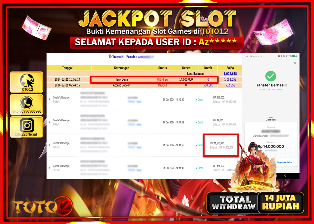 HANYA DI TOTO12 JP PASTI DI BAYAR LUNAS DAN CEPAT!!!!!! JACKPOT SLOT GAME (GEISHAS REVENGE) Rp.14.000.000 !!!!