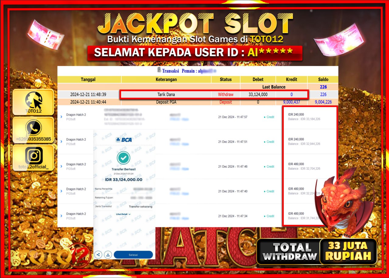 HANYA DI TOTO12 JP PASTI DI BAYAR LUNAS DAN CEPAT!!!!!! JACKPOT SLOT GAME (DRAGON HATCH 2) Rp.33.000.000 !!!!