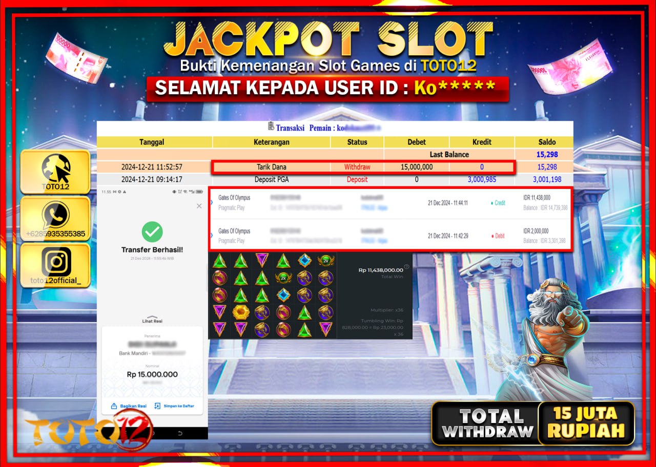HANYA DI TOTO12 JP PASTI DI BAYAR LUNAS DAN CEPAT!!!!!! JACKPOT SLOT GAME (GATES OF OLYMPUS) Rp.15.000.000 !!!!