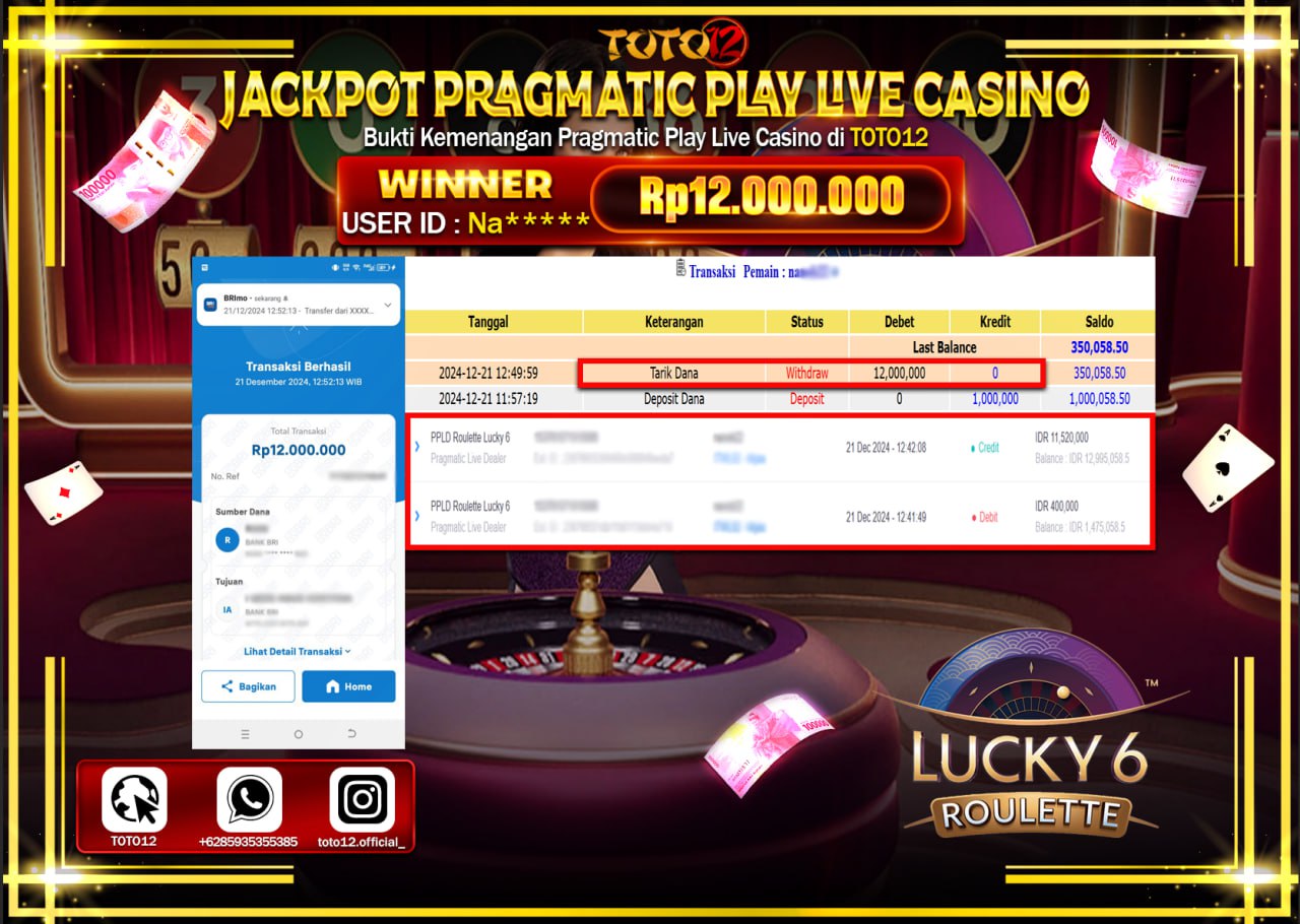 HANYA DI TOTO12 JP PASTI DI BAYAR LUNAS DAN CEPAT!!!!!! JACKPOT PRAGMATIC PLAY LIVE CASINO (LUCKY 6 ROULETTE) Rp.12.000.000 !!!!