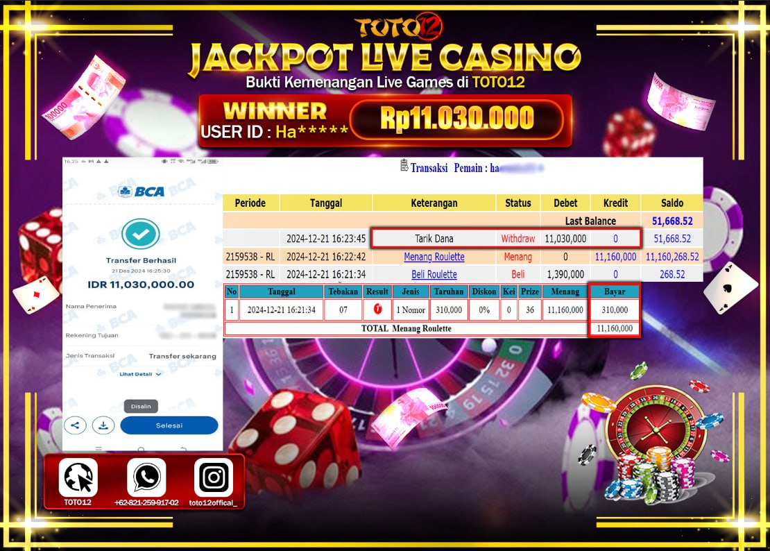 HANYA DI TOTO12 JP PASTI DI BAYAR LUNAS DAN CEPAT!!!!!! JACKPOT LIVE GAMES CASINO (ROULETTE) Rp.11.030.000 !!!!