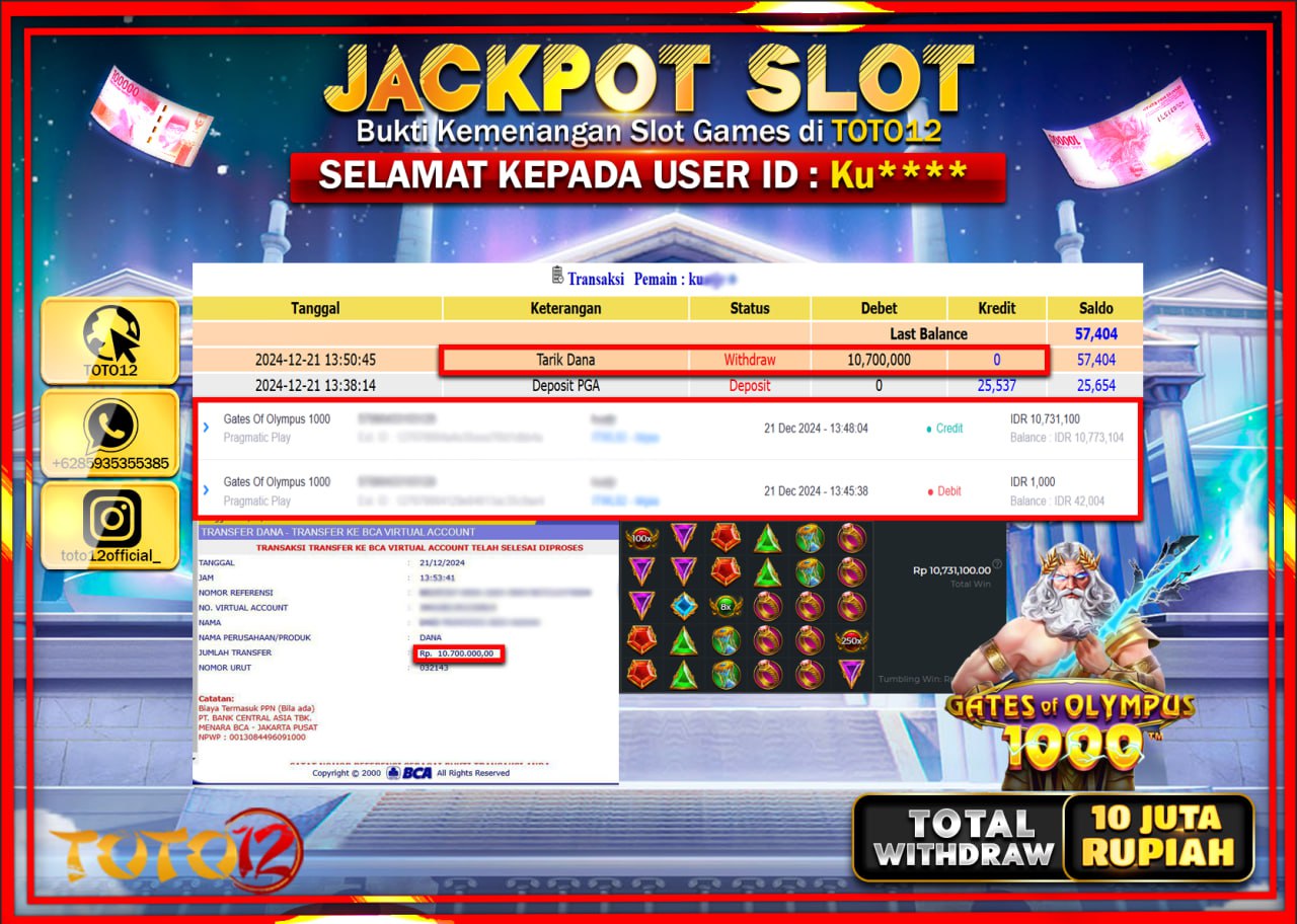 HANYA DI TOTO12 JP PASTI DI BAYAR LUNAS DAN CEPAT!!!!!! JACKPOT SLOT GAME (GATES OF OLYMPUS 1000) Rp.10.000.000 !!!!