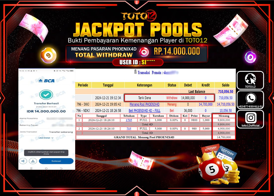 HANYA DI TOTO12 JP PASTI DI BAYAR LUNAS DAN CEPAT!!!!!! JACKPOT POOLS PASARAN (PHOENIX4D) Rp.14.000.000 !!!!