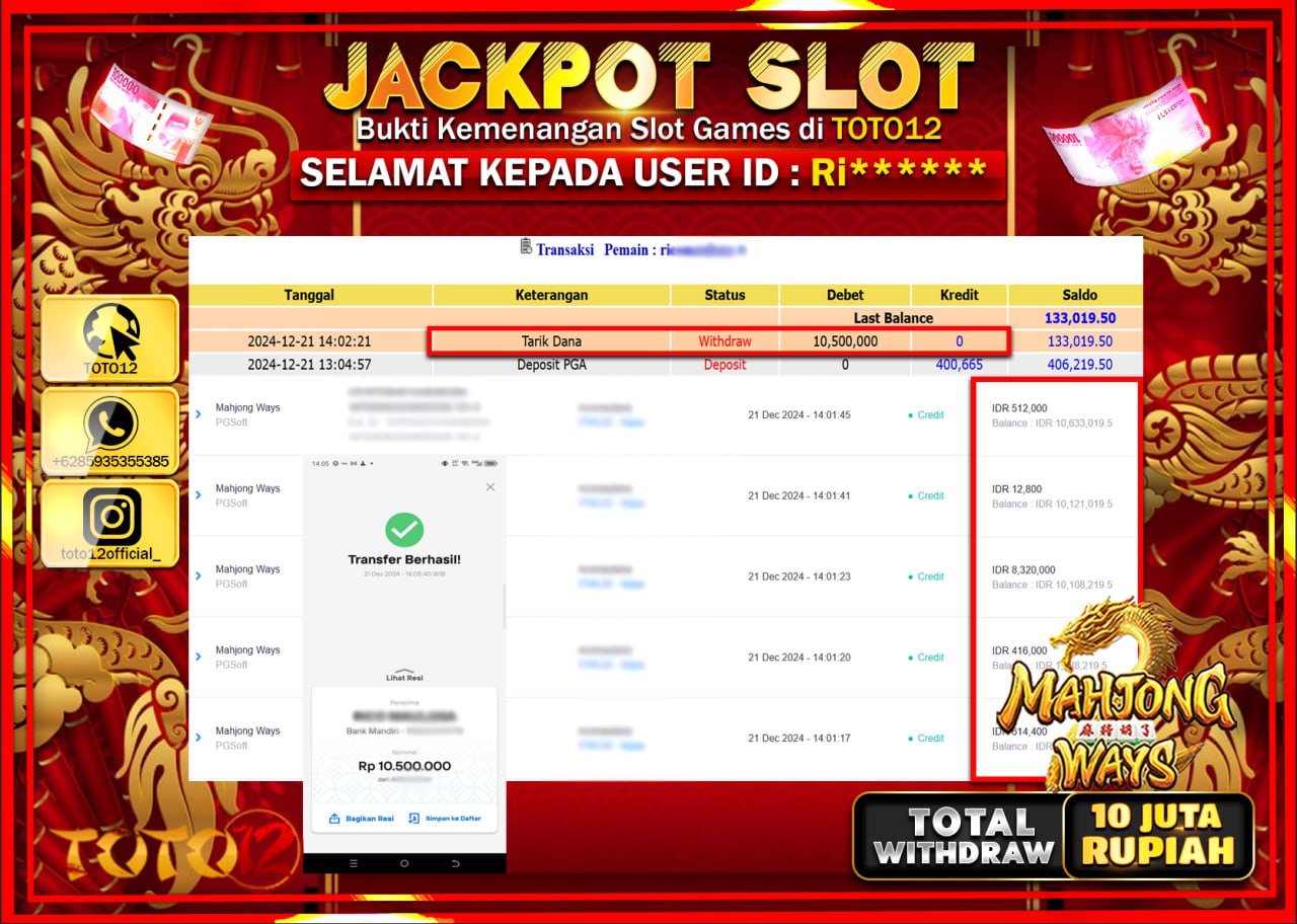 HANYA DI TOTO12 JP PASTI DI BAYAR LUNAS DAN CEPAT!!!!!! JACKPOT SLOT GAME (MAHJONG WAYS) Rp.10.000.000 !!!!