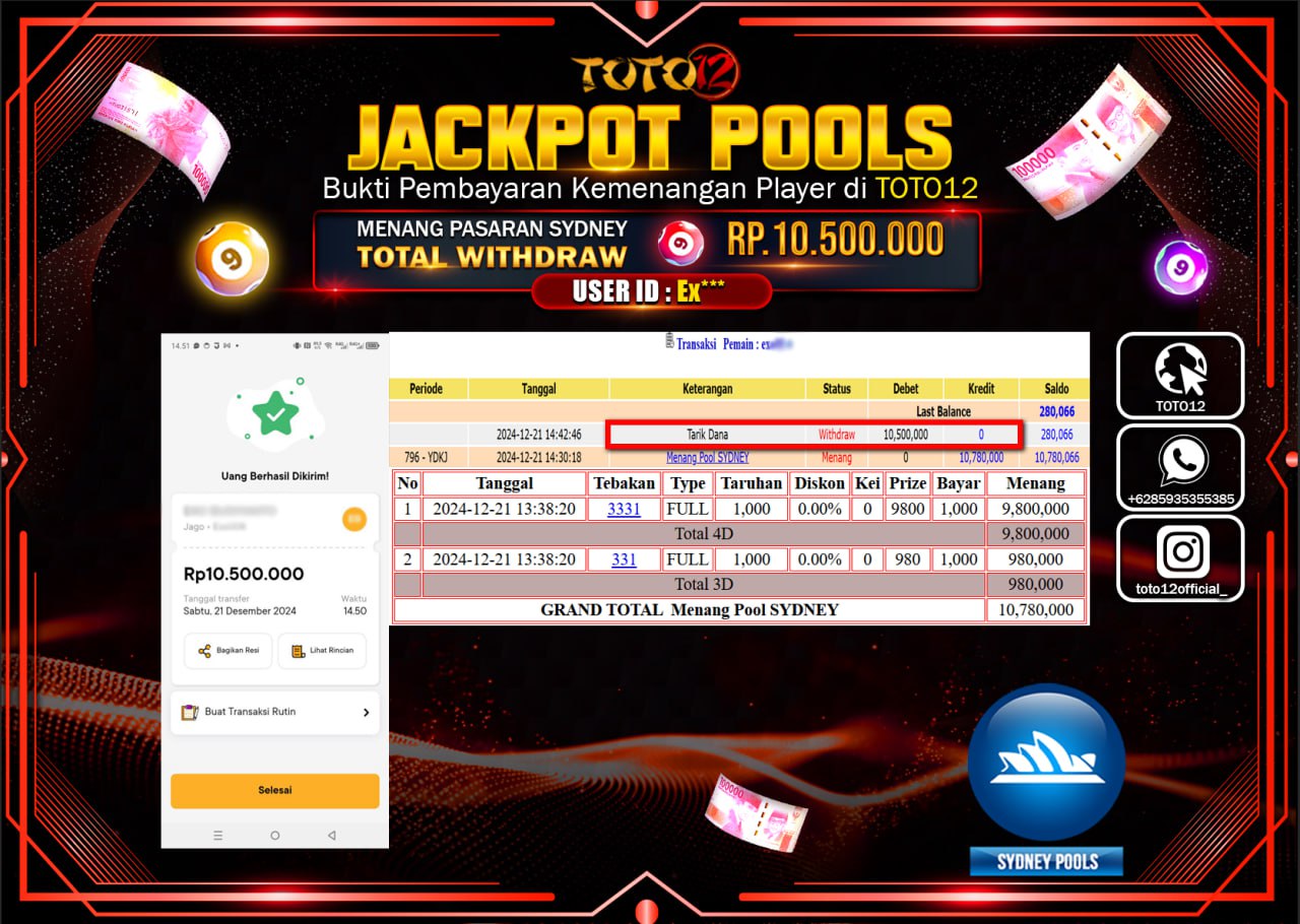 HANYA DI TOTO12 JP PASTI DI BAYAR LUNAS DAN CEPAT!!!!!! JACKPOT POOLS PASARAN (SYDNEY) Rp.10.500.000 !!!!