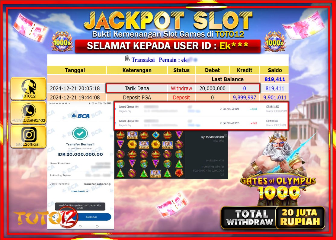 HANYA DI TOTO12 JP PASTI DI BAYAR LUNAS DAN CEPAT!!!!!! JACKPOT SLOT GAME (GATES OF OLYMPUS 1000) Rp.20.000.000 !!!!