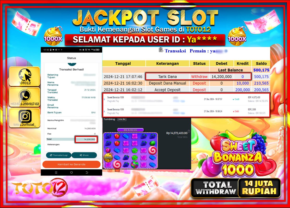 HANYA DI TOTO12 JP PASTI DI BAYAR LUNAS DAN CEPAT!!!!!! JACKPOT SLOT GAME (SWEET BONANZA 1000) Rp.14.000.000 !!!!