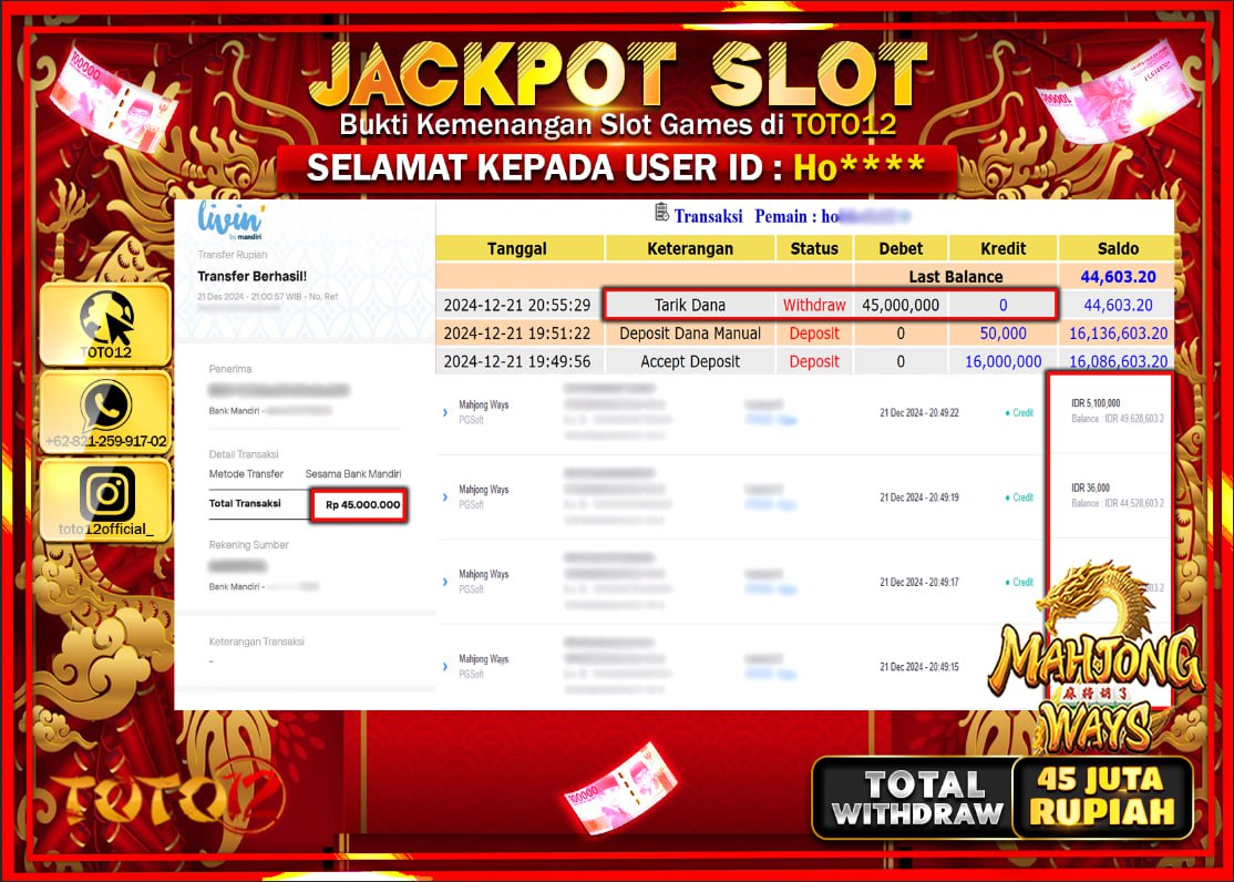 HANYA DI TOTO12 JP PASTI DI BAYAR LUNAS DAN CEPAT!!!!!! JACKPOT SLOT GAME (MAHJONG WAYS) Rp.45.000.000 !!!!