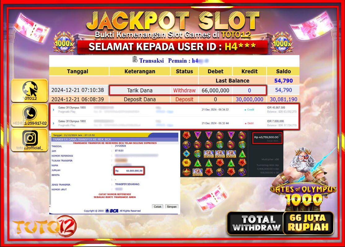 HANYA DI TOTO12 JP PASTI DI BAYAR LUNAS DAN CEPAT!!!!!! JACKPOT SLOT GAME (GATES OF OLYMPUS 1000) Rp.66.000.000 !!!!